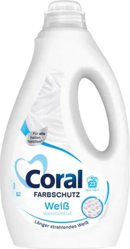 Coral Waschmittel Farbschutz Weiß, flüssig, 1,15 Liter - Vollwaschmittel für weiße Wäsche mit Farbschutz. Energiesparend ab 20°C, entfernt hartnäckige Flecken und sorgt für strahlende Reinheit.