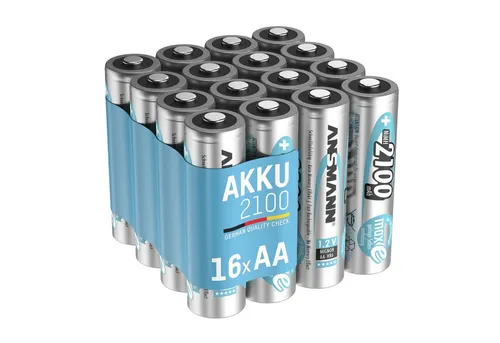 ANSMANN AG Akku AA 2100mAh Mignon NiMH – 1000x wiederaufladbar (16 Stück) - Kamera-Akkus mit 2100 mAh, ideal für Geräte mit hohem Stromverbrauch und geringer Selbstentladung. Schnelladefähig und umweltfreundlich – bis zu 1500 mal wiederaufladbar!