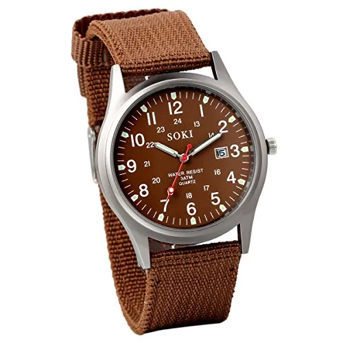 JewelryWe Herrenuhr Leuchtende Militär Uhr: Herren Analog Quarz Armbanduhr Kalender Kaffee Canvas Stoff Band Sport Taktische Uhr mit 12/24H großen Zahlen und Nylon Textil Armband
