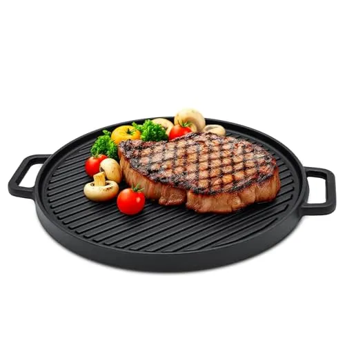 Spetebo Gusseisen Grillplatte 30 cm - Rund mit Griff - Pfanne aus schwerem Gusseisen, ideal für alle Herdarten und mit hervorragender Wärmespeicherung für perfektes Grillen und Braten.
