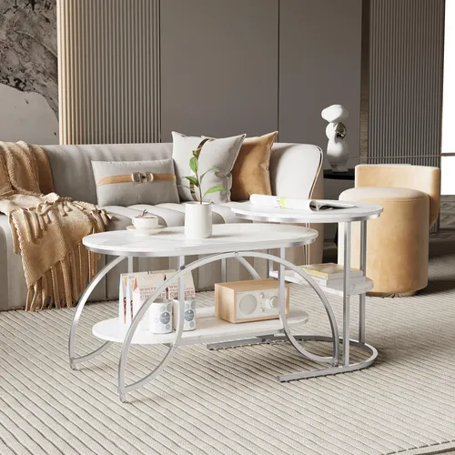 2er-Set moderne Couchtische mit Marmor-Optik und Metallgestell