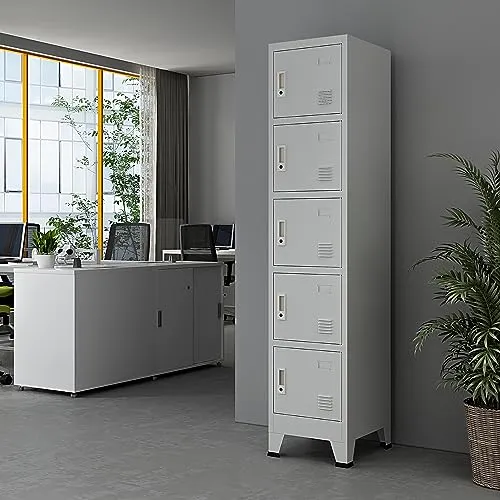 Metallschrank Joroinen: 5-türiger abschließbarer Stahlschrank - Aufbewahrungsschrank mit fünf abschließbaren Türen, ideal für Schulen und Unternehmen. Robuste Konstruktion aus pulverbeschichtetem Stahl in elegantem Grau.