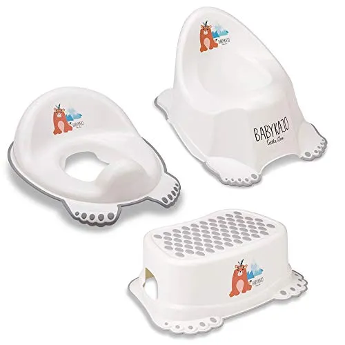 Babykajo Töpfchen Set 3-tlg – Sicherheit für den Toilettentraining - Ideal für das Trockenwerden! Das Set enthält ein Töpfchen, einen Hocker und einen Toilettentrainer, alle mit Anti-Rutsch-Funktionen. TÜV Rheinland geprüft für eine sichere Anwendung.