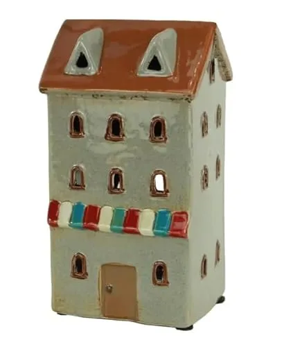 mucHome Windlicht Haus für Teelicht aus Keramik Teelichthaus Lichthaus (Bunt 9,5x9,5x17,5cm)