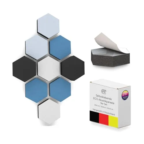 PolySound ECO Akustikpaneele - 3D-Hexagon-Design für Schallschutz - 9er Set in Breezy Blue - Verbessern Sie die Klangqualität in Ihrem Raum mit unseren selbstklebenden PolySound ECO Akustikpaneelen. Ideal für Büros und Wohnräume, reduzieren sie Echo und Nachhall, was Ihre Konzentration steigert und eine angenehme Atmosphäre schafft.