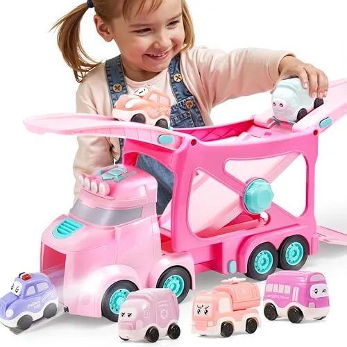 Vroomix Extra große Spielzeug-LKWs für Kleinkinder, 3-schichtige Prinzessinnen-Pink-LKWs für Mädchen, 7-in-1 Transport-LKW mit Sirene & Licht + 6 Spielzeugautos, Geburtstagsgeschenke für Mädchen