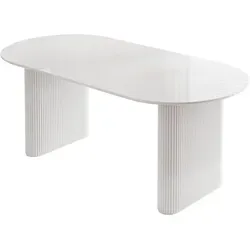 Esstisch OVI mit geriffelter Tischbasis in Weiß Hochglanz - Der Esstisch OVI ist ideal für gesellige Familienabende. Mit seiner ovalen Tischplatte (180 cm) und dem modernen Design wird er zum Blickfang in jedem Esszimmer. Die geriffelte Tischbasis sorgt für Stabilität und Stil.