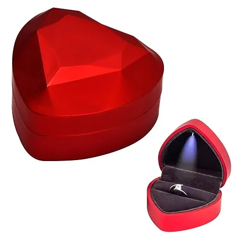 Jinlaili Ringschachtel Hochzeit, 70x65x45MM Ringbox mit LED, Ringschatulle mit Samt Interieur, Schmuck Präsentationsbox, Herz Ringkästchen für Vorschlag Verlobung Hochzeit Zähler Display (Rot)