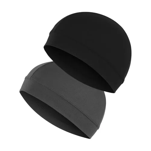 Amexo 2 Stück Schädelkappen Schwarz und Grau Radfahren Helm Liner Kappe Feuchtigkeitstran Sportierende Schädelmütze Atmungsaktiv Sommer unter Helm Hut Schweißableitende Kappe für Männer Frauen