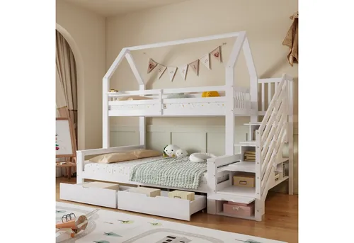 Odikalo Etagenbett Kinderbett 90x200 140x200 Jugendbett mit Stauraum (Etagenbett, Kinderbett, Zwei Schubladen auf Rollen, Schönes Dachdesign, mit Sicherheitsgeländer und Treppenschrank, Kiefer + MDF + Sperrholz, Weiß, 90x200cm & 140x200cm)