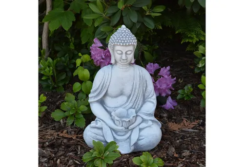 Gartenfigur Buddha mit Schale in grau von gartendekoparadies