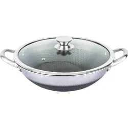 4BIG.fun Wok 32 cm mit Glasdeckel - Pfanne für Induktion, aus hochwertigem Edelstahl mit kratzfester Antihaftbeschichtung – ideal für gesunde Asia-Gerichte und spülmaschinengeeignet.