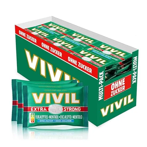 VIVIL Extra Strong Eukalyptus-Menthol Pastillen - Süßes & Knabbereien: Extra starke, zuckerfreie und vegane Pastillen mit Eukalyptusgeschmack für langanhaltende Frische und neutralisierten Atemgeruch, ideal für unterwegs!