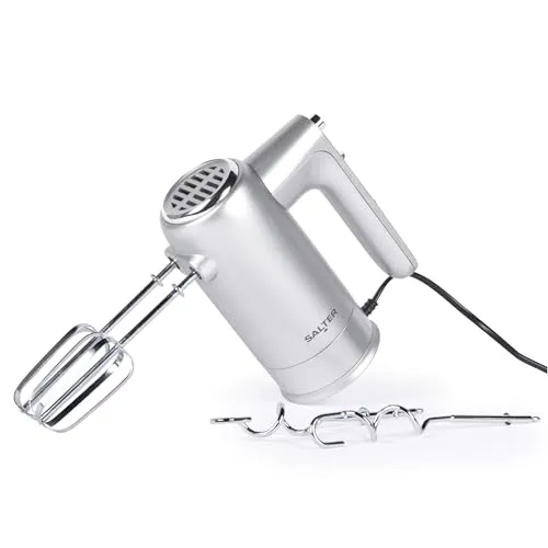 Salter Aspen Handmixer, Elektrischer Handmixer mit Rühr- und Knethaken für Backen & Mixen, 5 Geschwindigkeitsstufen, mit Turbo-Funktion, Aufbewahrungsbasis, Auswurffunktion, 300W Leistung, Silber