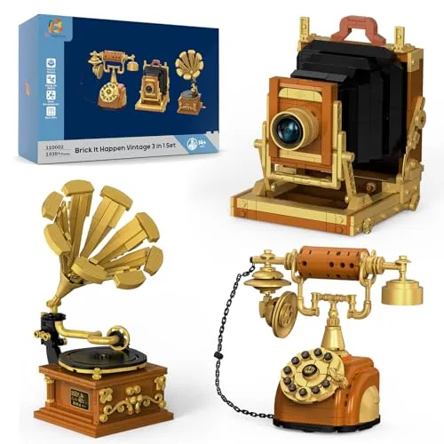 Brihappen 3-in-1 Bausatz,Retro Kamera,Telefon,Plattenspieler,1438 Stück,Vintage Sammlermodell zum Dekorieren Ihres Heimbüros,nostalgisches Geschenk aus den 80ern für Erwachsene und Jugendliche ab 14+