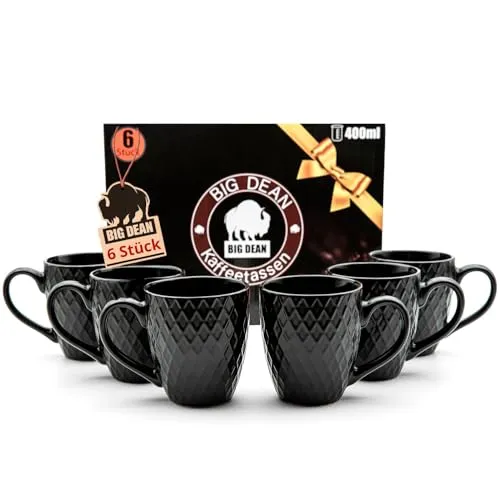 BigDean 6 Stück Kaffeetassen 400ml schwarz matt - Hochwertiges Becherset aus Keramik mit modernem Waffeldesign – ideal für Kaffee, Cappuccino und Tee. Lieferung in edler Geschenkbox, perfekt für jeden Anlass!