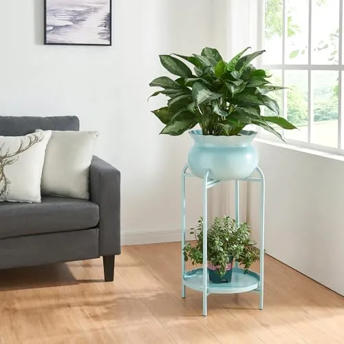 [en.casa] Blumenständer Altena Pflanzenständer mit Blumentopf und Ablage Metall Hellblau Pflanzenregal 60 x 27 x 27 cm Blumensäule für innen Blumentopfständer