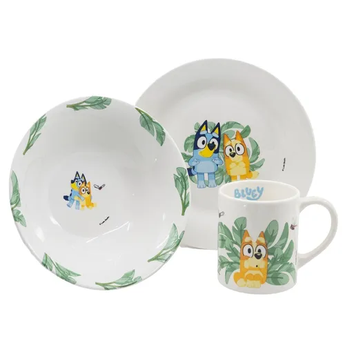 Bluey und Bingo 3-teiliges Kinder Geschirr Set aus Keramik - Buntes Geschirrset für Kinder bestehend aus Teller, Schüssel und Tasse. Ideal für den täglichen Gebrauch und sorgt für Freude beim Essen. Material: Keramik, kinderfreundlich und langlebig.