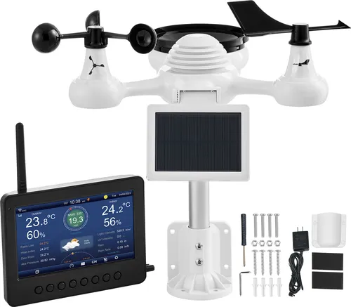 SucceBuy 7-in-1 Wi-Fi-Wetterstation, 7-Zoll-TFT-Farbdisplay, kabellos mit solarbetriebenem Sensor. Überwacht Temperatur, Luftfeuchtigkeit im Innen- und Außenbereich.