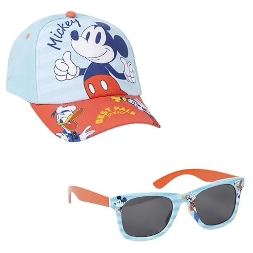 Mickey Hut und Sonnenbrille Set - Blau und Rot - UV 400 Schutz und Kategorie 3 Filter - Kinder Hut mit verstellbarem Klettverschluss - Original Produkt entworfen in Spanien