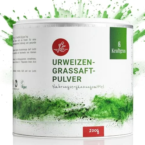 KRAFTGRAS Urweizengrassaft-Pulver BIO [200g] - Natürliches Superfood für Energie - Pflanzliches Ergänzungsmittel Weizengras, 100% natürlich, vegan, glutenfrei und reich an Nährstoffen für einen natürlichen Energieschub.