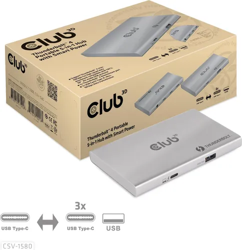 Club 3D Thunderbolt 4 5-in-1 Hub - Kabel & Adapter - Vielseitige Dockingstation mit 3x Thunderbolt 4 und Smart Power für optimale Leistung und einfache Konnektivität.