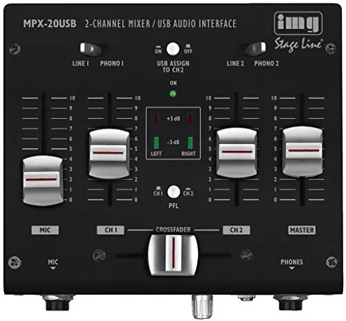 IMG STAGELINE MPX-20USB 3-Kanal-Stereo-DJ-Mischpult - Mischpult mit USB-Audio-Interface für einfaches Musikwechseln, stabil im Metallgehäuse und ideal für DJs, die digitale Audio-Daten direkt vom Computer nutzen wollen.