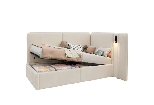 Redom Tagesbett Beige 90x200 cm mit Stauraum und Leselampe - Elegantes Tagesbett in Beige mit gepolstertem Kopfteil und 360° verstellbarer Leselampe. Das intelligente Aufbewahrungssystem bietet praktischen Stauraum. Ideal für Kinder- und Jugendzimmer. Usb- und Typ-C-Anschlüsse für bequemes Laden.