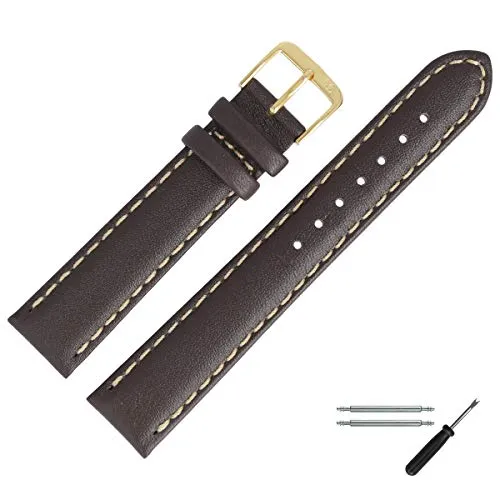 MARBURGER Uhrenarmband 22mm Leder Braun Gold Glatt Mit Naht - Montage Set 8062231000220