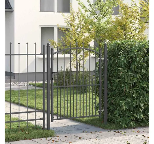furnicato Zauneinzeltür Modernes Gartentor mit Spitzen 104 x 177 cm Grau - Elegantes Gartentor aus pulverbeschichtetem Stahl mit dekorativen Spitzen. Robuste Riegelschlösser bieten Sicherheit, während die langlebige Verarbeitung minimalen Pflegeaufwand erfordert. Ideal für jeden Außenbereich.