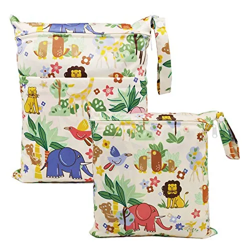 FenFang Wetbag Kindergarten, 2 Stück Nasstaschen Windeltasche Stoffwindeln Nassbeutel Organiser Beutel Wickeltasche Taschen Wasserdicht Wiederverwendbar (Elefant)