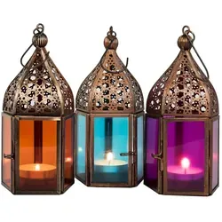 Orientalische Laternen Set Meena – Bunt & Handgearbeitet - 3er Set orientalische Metalllaternen in Kupferfarben mit bunten Glaseinsätzen. Perfekt für stimmungsvolle Akzente und zauberhafte Lichtspiele in Ihrem Zuhause.
