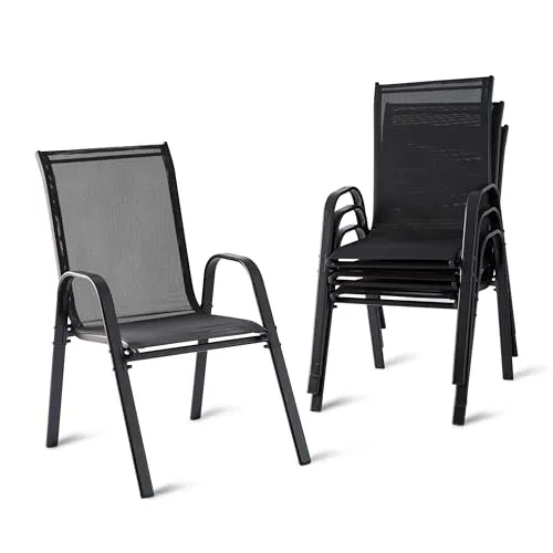 Relaxdays Gartenstühle, 4er Set, Hochlehner, Armlehnen, stapelbar, bis 150 kg, Polyester, Metall, Stapelstuhl, anthrazit