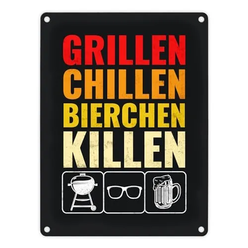 Grillen Chillen Bierchen Killen Metallschild mit Grill- Sonnenbrille- und Biermotiv