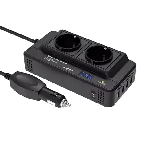 200W Auto Wechselrichter 12V auf 220V mit 2 Steckdosen und 4 USB Ports