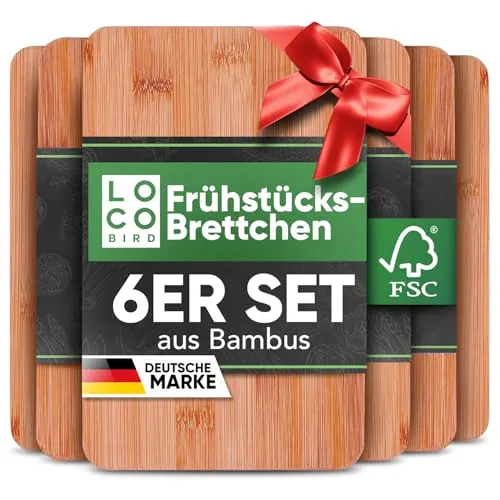 Loco Bird Frühstücksbrettchen Holz 6Set - Schneidebrett Holz 22x14cm - Brettchen aus Bambus für Gravur - Holzbrett Küche, Robustes Brotzeitbrett, Schneidebretter klein, Jausenbrett, cutting board