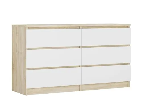 3E 3xE living.com Kommode mit 6 Schubladen, Farbe: Sonoma Eiche/Weiss, A: 140 x 79 x 39 cm
