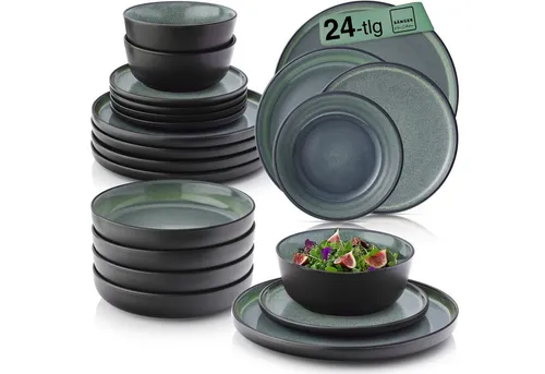 SÄNGER Malmö Tafelservice 24-teilig - Elegantes Steingut Geschirr Set für 6 Personen in dunkelgrün, kratzfest und mikrowellengeeignet – ideal für stilvolle Tischarrangements im Alltag.