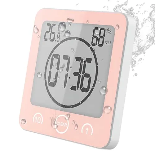 VORRINC Shower Clock Bad Uhr Wasserdicht Badezimmeruhr Uhr mit Saugnapf LCD Display Luftfeuchtigkeit Temperatur Wanduhren,Countdown Timer (Rot)