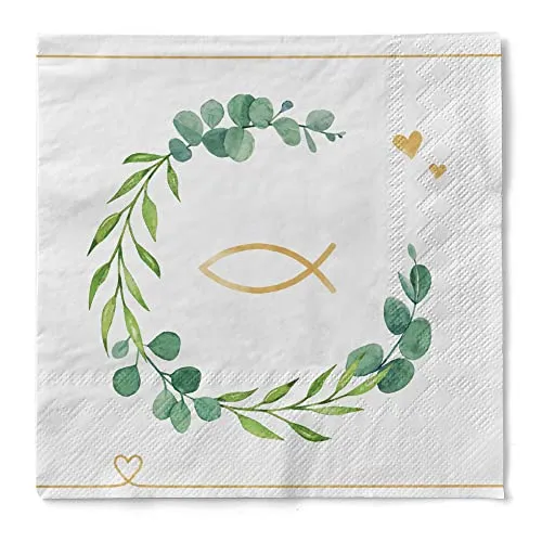 Sovie HORECA Serviette Eukalyptus/Fisch aus Tissue 33 x 33 cm, 3-lagig, 100 Stück – elegante Tischservietten mit Eukalyptuskranz und goldfarbenem Fisch. ideal für Hochzeiten & Kommunion