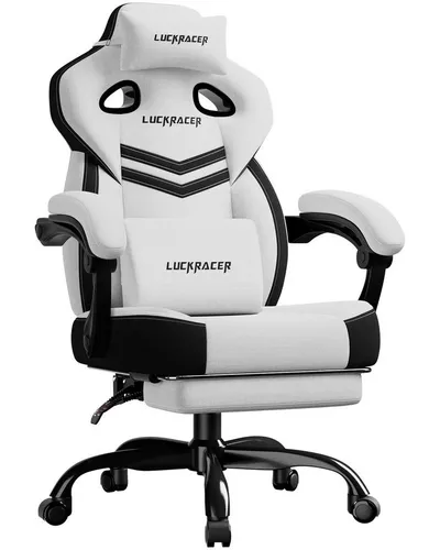 LUCKRACER Gaming Stuhl mit Memory-Schaum, verstellbarer Rückenlehne und Fußstütze - Weiß - Ergonomischer Gaming-Stuhl für Nutzer bis 1,90 m und 158 kg. Der hochdichte Memory-Schaum bietet optimalen Sitzkomfort, während die verstellbare Rückenlehne und Fußstütze für individuelle Entspannung sorgen.