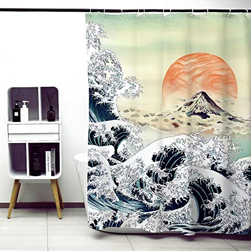 Obal Great Wave Off Kanagawa Duschvorhang, Ukiyo-e japanische Badezimmervorhänge wasserfestes Schimmel kostenlos Polyester schweres Badzubehör mit 12 Vorhanghaken waschbar, 180 cm * 180 cm