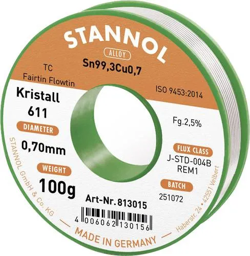 Stannol Kristall 611 Fairtin Lötzinn, bleifrei bleifrei Sn99,3Cu0,7 REM1 100g 0.7mm