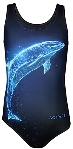 Aquarti Badeanzug Mädchen mit Ringerrücken - Badeanzug für Mädchen in Delfin Digital Blau/Schwarz, bietet optimalen Komfort und Bewegungsfreiheit beim Schwimmen.