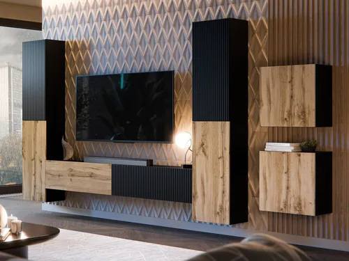MIRJAN24 Wohnwand Capital V - Stilvolle Anbauwand in Schwarz und Wotan Eiche - Moderne Wohnwand Capital V, bestehend aus Vitrinen und TV-Lowboard, bietet stilvollen Stauraum und ein griffloses Öffnungssystem für elegantes Design.