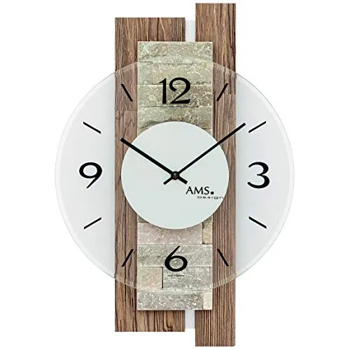 AMS 9543 Wanduhr Quarz analog modern mit Holz und Naturstein - Wohnaccessoires: Elegante Quarz-Wanduhr in Nussbaum mit Naturstein-Auflage, kombiniert modernes Design mit natürlichem Material für stilvolle Akzente in jedem Raum.