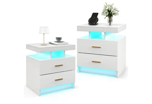 COSTWAY Nachttisch (2-St), mit LED-Beleuchtung, Sofatisch mit 2 Schubladen, 50x40x58 cm