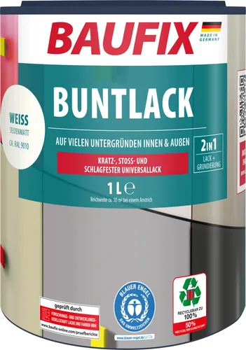 BAUFIX Buntlack weiss seidenmatt, 1 Liter, Lackfarbe