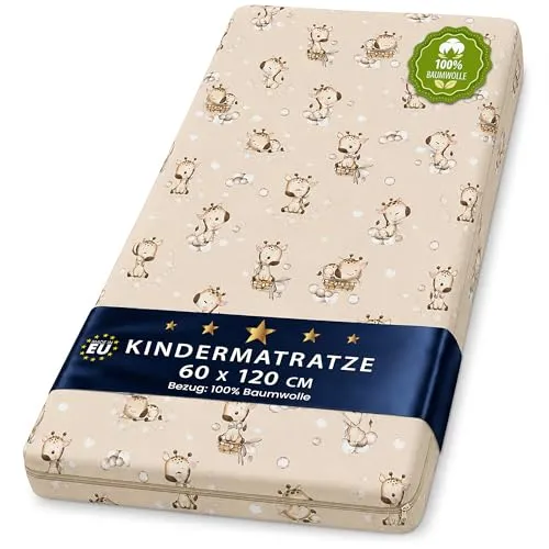 Matratze Kinderbett 60x120 cm - Ergonomische Kindermatratze für Babybett und Reisebett - 🌬️ Atmungsaktive Struktur für optimale Luftzirkulation – ideal für ein angenehmes Schlafklima. 🛏️ Ergonomische Schaumstofffüllung sorgt für perfekten Schlafkomfort. Praktisch für Reisen mit abnehmbarem, waschbarem Bezug.