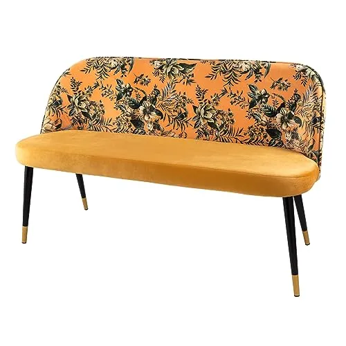 riess-ambiente Bank PRÊT-À-PORTER - Gelb Samt mit floralem Muster - Sitzbänke, extravagante Samtbank mit floralem Design und eleganten goldenen Fußkappen für ein glamouröses Retro-Flair in deinem Zuhause.